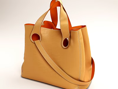 Tan Leather Tote Bag With Top Handles Decorative Buckles Adjustable Shoulder Strap And Orange Interior 3d model