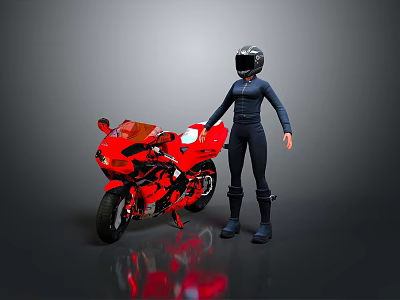 Red Sports Motorcycle Parked With Helmeted Rider In Black Outfit Standing Nearby 3d model