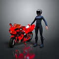 Red Sports Motorcycle Parked With Helmeted Rider In Black Outfit Standing Nearby