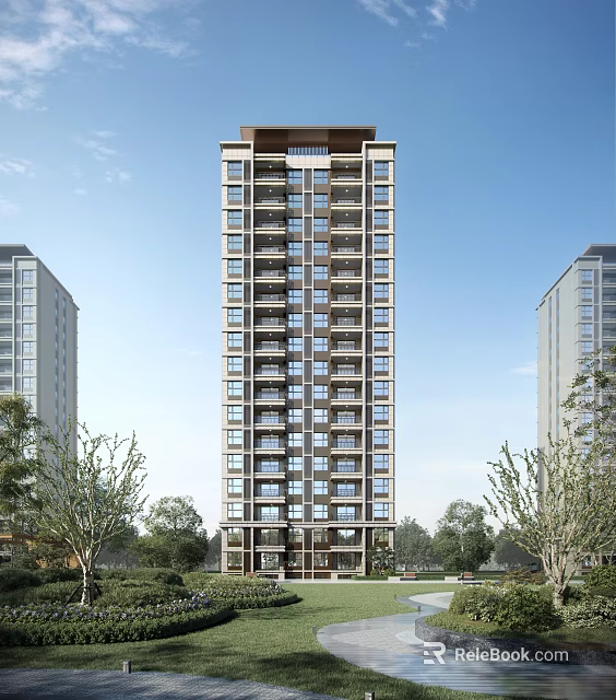 Tall Modern Residential Building With Many Windows Surrounded By Lush Greenery And Other Buildings 3d model 