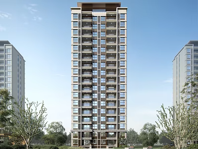Tall Modern Residential Building With Many Windows Surrounded By Lush Greenery And Other Buildings 3d model
