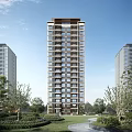 Tall Modern Residential Building With Many Windows Surrounded By Lush Greenery And Other Buildings