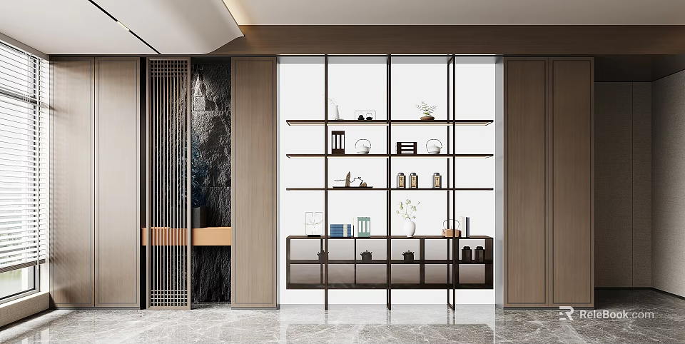 Modern Decorative Cabinet with Open Glass Shelves Displaying Decorative Items Wooden Frame and Marble Floor 3d model 