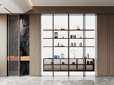 Modern Decorative Cabinet with Open Glass Shelves Displaying Decorative Items Wooden Frame and Marble Floor 3d model