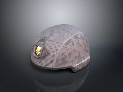Military Tactical Helmet With Camouflage Pattern Mesh Texture And Yellow Insignia Design 3d model