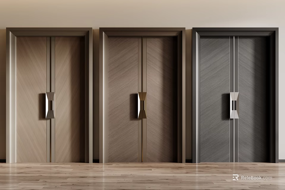 Modern Wooden Double Doors In Various Colors With Metal Handles Light Wall And Wooden Floor 3d model 
