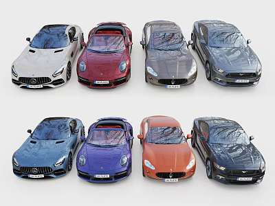 Collection Of Eight Luxury Cars In Different Colors And Brands 3d model