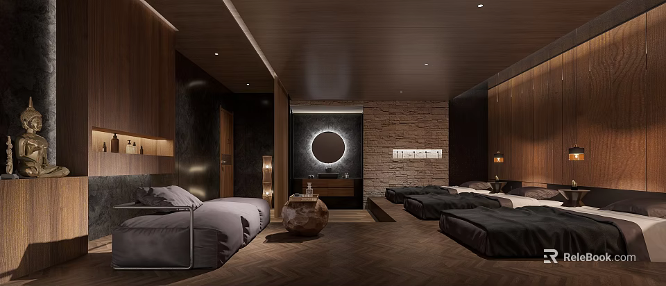 Modern SPA Sauna Interior With Wooden Elements Stone Wall Massage Beds And Warm Lighting 3d model 