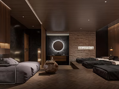 Modern SPA Sauna Interior With Wooden Elements Stone Wall Massage Beds And Warm Lighting 3d model