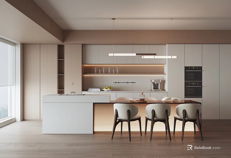 Elegant Modern Kitchen Interior With Marble Island Counter Pendant Lights And White Stools 3d model 
