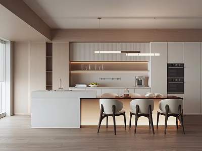 Elegant Modern Kitchen Interior With Marble Island Counter Pendant Lights And White Stools 3d model