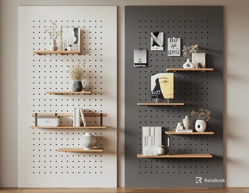 Stylish Light And Dark Pegboard Wall Decor With Wooden Shelves And Decorative Accents 3d model 