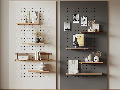 Stylish Light And Dark Pegboard Wall Decor With Wooden Shelves And Decorative Accents 3d model