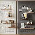 Stylish Light And Dark Pegboard Wall Decor With Wooden Shelves And Decorative Accents