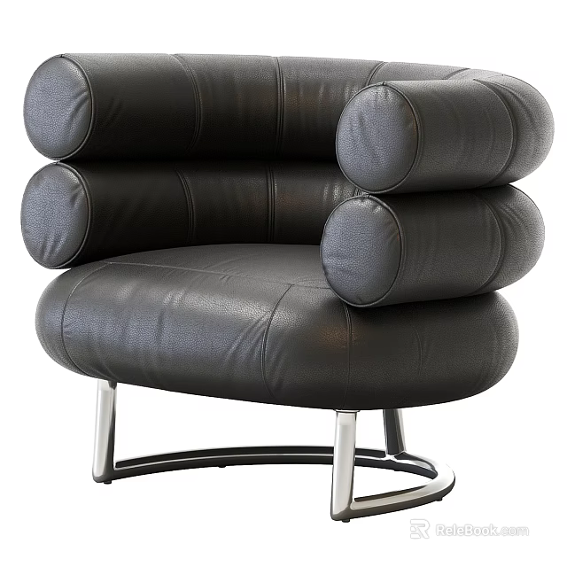 Stylish Black Leather Single Sofa With Round Armrests And Metal Legs 3d model 