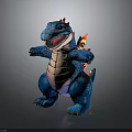 Blue Dinosaur Plush Toy with Red Spikes White Belly Open Mouth Standing on Dark Background