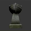 Gray Stone Boat Sculpture on Decorative Wave Pattern Base with Textured Surface