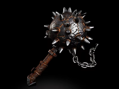 Decorative Medieval Spiked Mace With Metal Head Wooden Handle And Chain 3d model