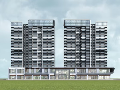 Modern High Rise Residential Building Featuring Glass Facade Commercial Podium And Green Lawn 3d model