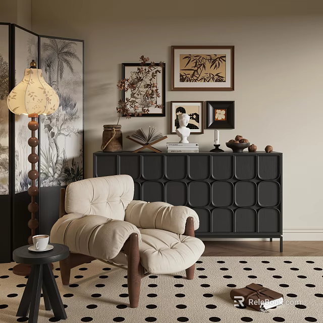Cozy Beige Leisure Chair With Side Table Coffee Cup And Decorative Wall Art 3d model 
