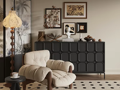 Cozy Beige Leisure Chair With Side Table Coffee Cup And Decorative Wall Art 3d model