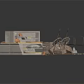 Model Scene Components Featuring Grey Storage Shelves Orange Items Wooden Platform And Metal Frame