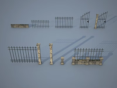 Iron Garden Fence With Stone Posts And Decorative Gate Components Design 3d model