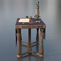 Vintage Mystical Table With Purple Cloth Open Book Balance Scale Candle Inkwell Red Vial