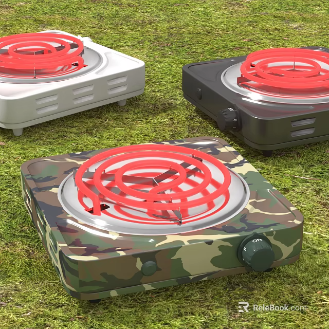 Electric Hot Plates In White Black And Camouflage On Green Grass 3d model 
