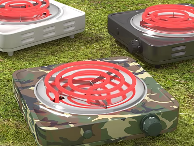 Electric Hot Plates In White Black And Camouflage On Green Grass 3d model