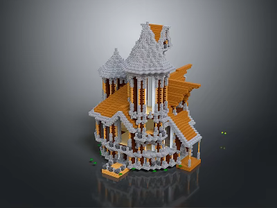 Pixel Style Multi Level Tower Building With Orange Roof Stone Windows And Small Green Plants 3d model