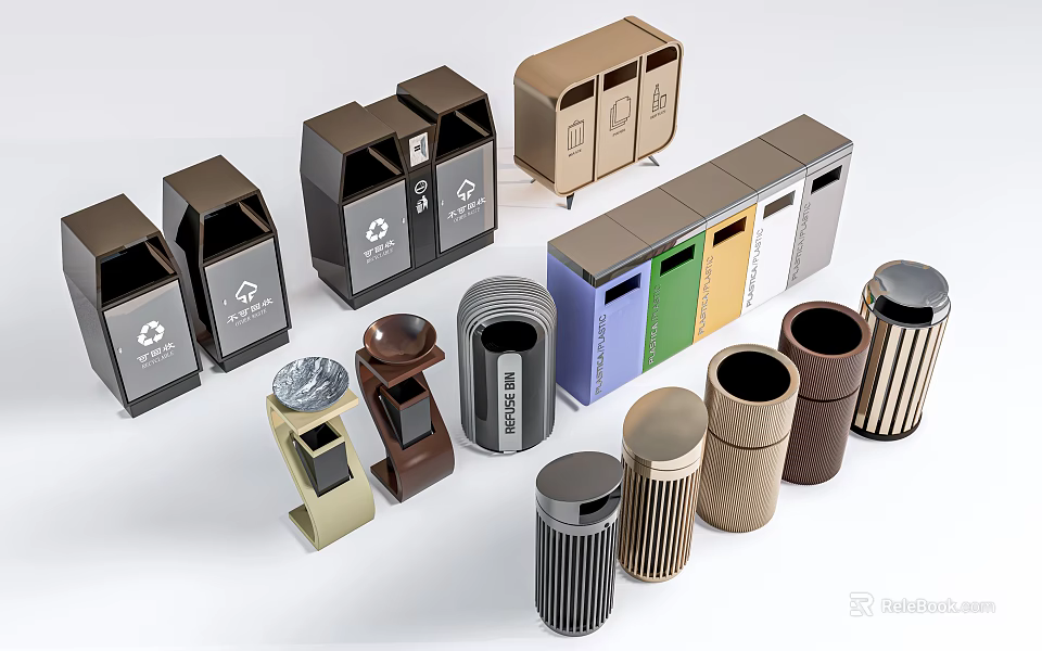 Public Facility Trash Bins With Various Designs Colors And Recycling Functions 3d model 