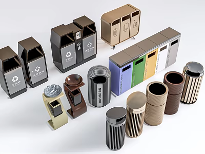 Public Facility Trash Bins With Various Designs Colors And Recycling Functions 3d model