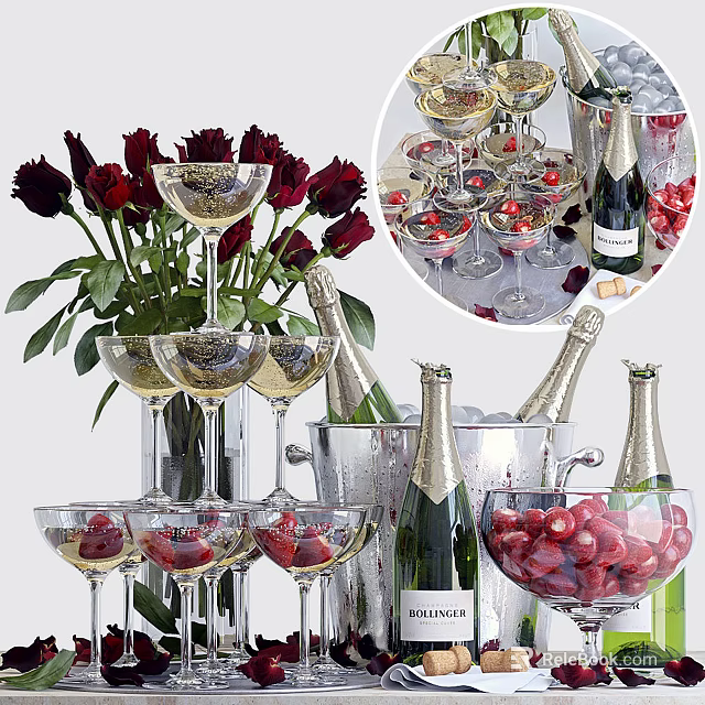 Elegant Wine Bottles and Wine Glasses with Red Roses Cherries and Ice Bucket 3d model 