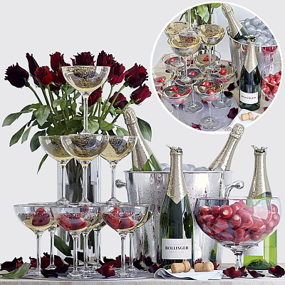 Elegant Wine Bottles and Wine Glasses with Red Roses Cherries and Ice Bucket 3d model Elegant Wine Bottles and Wine Glasses with Red Roses Cherries and Ice Bucket 3d model