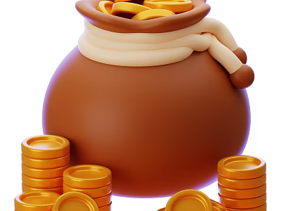 Brown Fabric Money Bag Filled With Gold Coins And Stacks Around 3d model