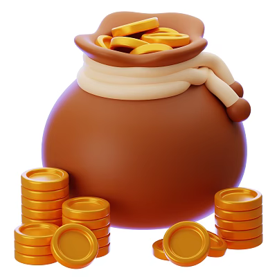 Brown Fabric Money Bag Filled With Gold Coins And Stacks Around 3d model