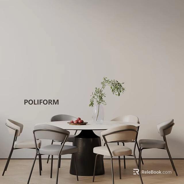 Elegant Dining Table And Chairs Set With Vase And Green Plant Decoration 3d model 