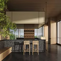 Sales Office Interior with Black Bar Counter Rattan Stools Wooden Wall and Glass Windows