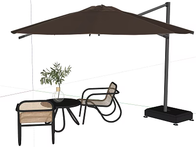 Outdoor Landscape Seating With Wicker Chairs Black Table Sunshade Umbrella And Green Plant 3d model