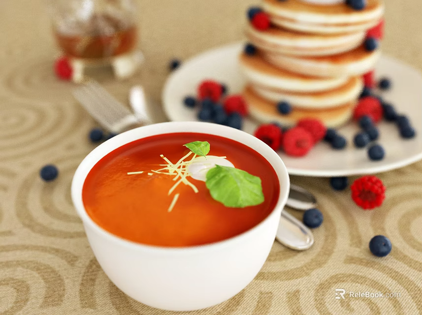 Creamy Red Soup Topped With Green Garnish And Stacked Pancakes With Blueberries Raspberries 3d model 