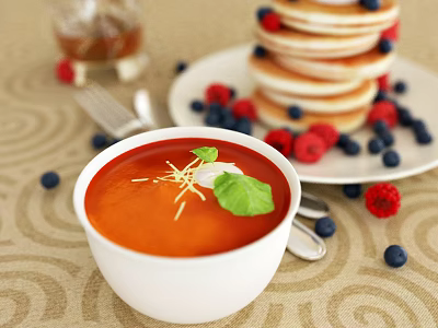 Creamy Red Soup Topped With Green Garnish And Stacked Pancakes With Blueberries Raspberries 3d model