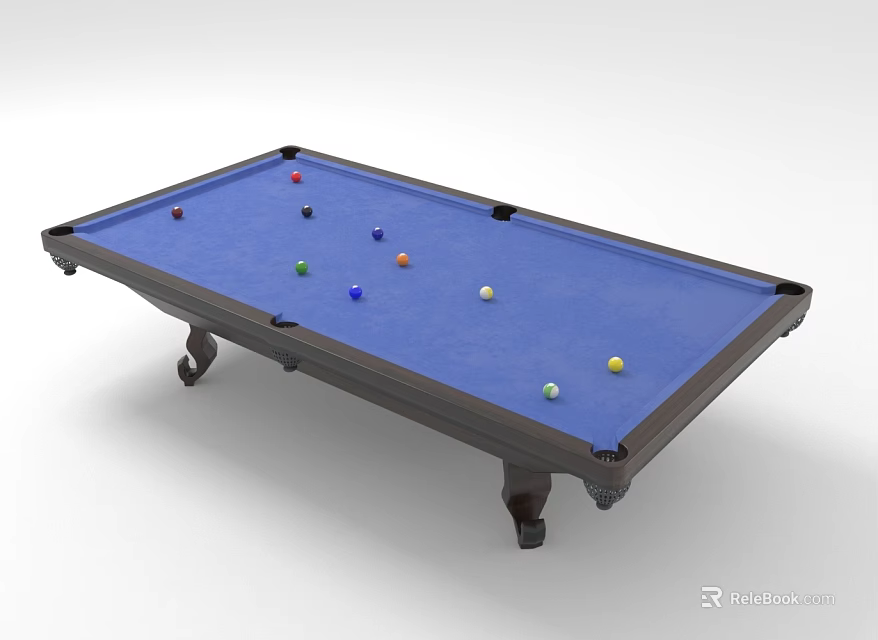 Blue Surface Billiard Table With Colored Balls And Black Frame Legs 3d model