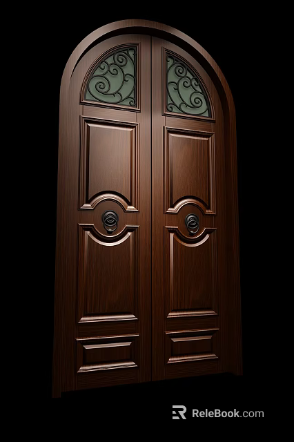Double Wooden Front Door With Ornate Panel Design And Round Door Knockers 3d model 