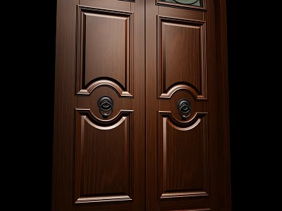 Double Wooden Front Door With Ornate Panel Design And Round Door Knockers 3d model