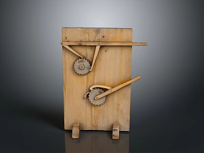 Handcrafted Wooden Gate With Mechanical Gears And Levers On Dark Background 3d model