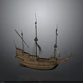 Detailed Vintage Wooden Sailboat Model With Multiple Masts And White Sails