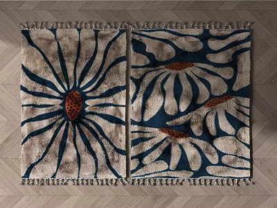 Square Rug with Blue and Beige Floral Pattern Fringed Edges Modern Home Decor Design 3d model