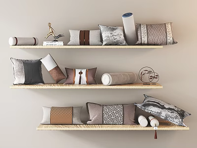 Modern Decorative Pillows on Wooden Wall Shelves with Various Patterns Textures and Colors 3d model