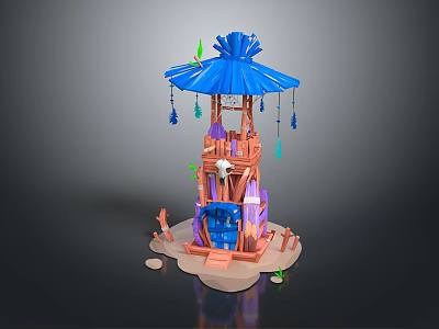 Decorative Tower Structure With Blue Roof Wooden Base Colorful Decorations And Hanging Tassels 3d model